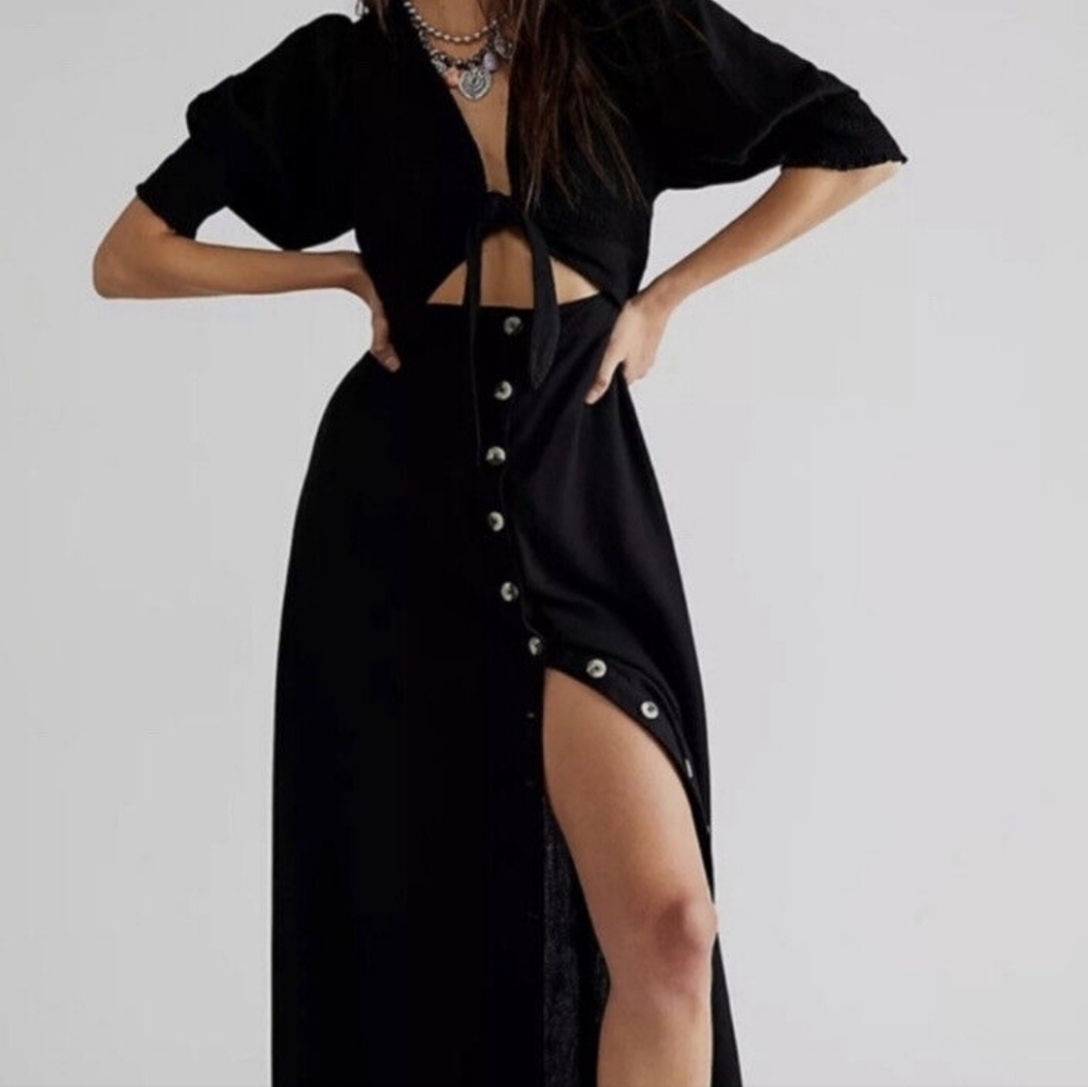 NWT Free People String of Hearts Cut Out Smocked Maxi Dress black Size XS
